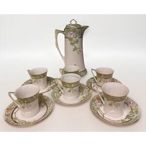 Antique Nippon Japan Chocolate Set Hand Painted Pot And 7 Cups 6 Saucers Tea